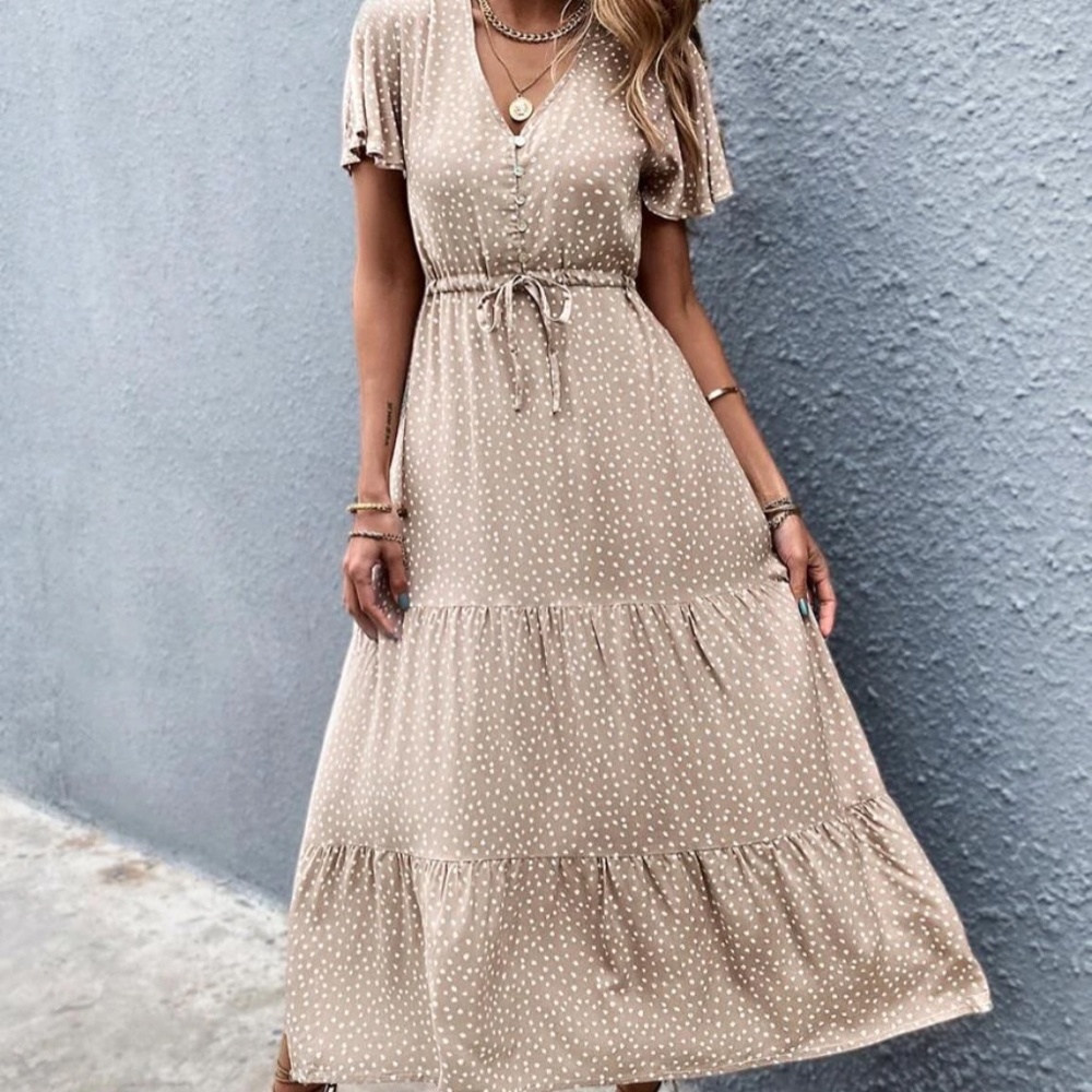 Flutter Sleeve Drawstring Waist Ruffle Hem Dress